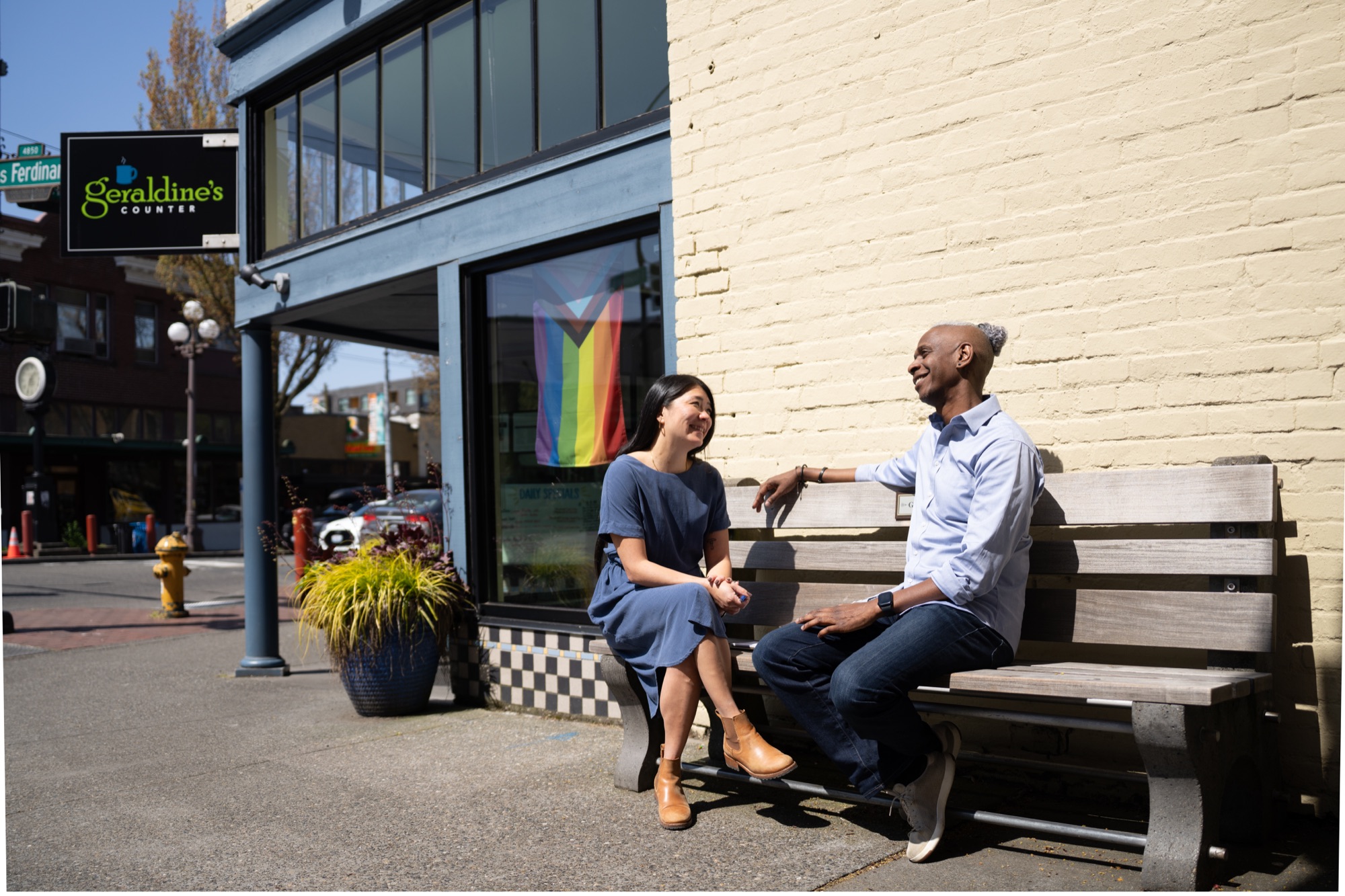jeanie in a warm conversation outside a neighborhood café